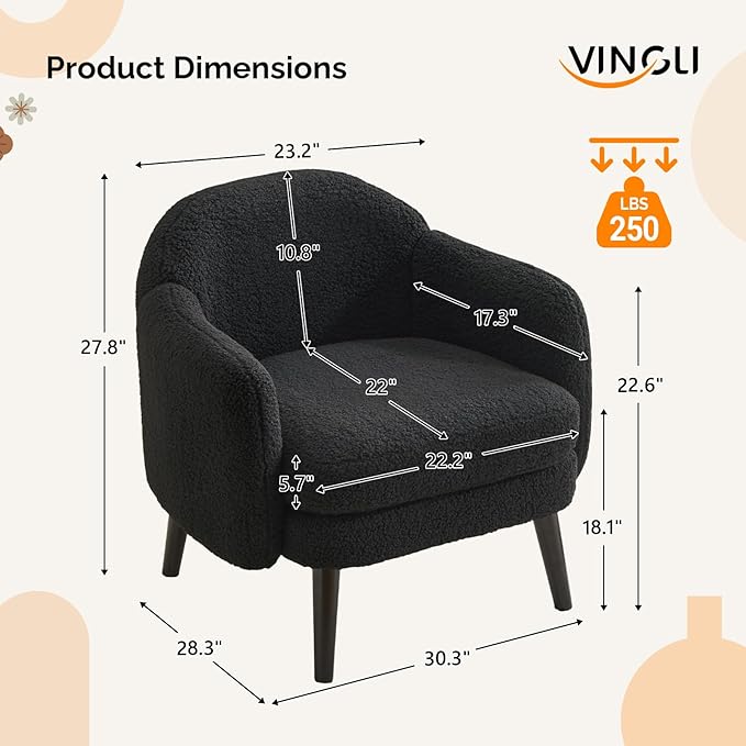 VINGLI 30.3 Wide Modern Barrel Accent Armchairs Set of 2 with Track Armrest Solid Wooden Legs Comfy Upholstered Club Chairs Single Home Sofa for Living Room Bedroom ReadingTeddy Fleece Black