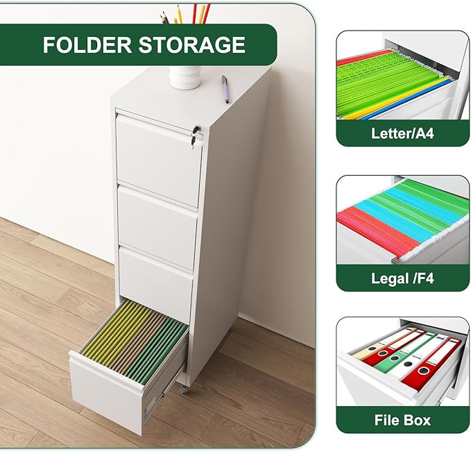 4 Drawer File Cabinet with WheelsMetal Mobile Filing Cabinets with LockBlack Vertical Heavy Duty Storage Cabinet for A4/Letter/Legal Size FileAssembly Required (White 4 Drawer)