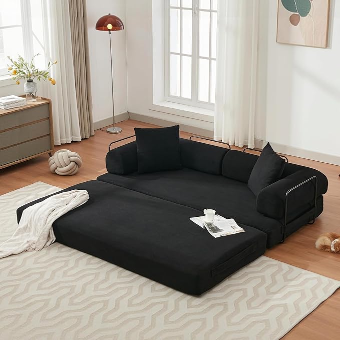 79 Inch Convertible Sleeper Sofa Bed 5 in-1 Boneless Floor Couch Bed with Fixed-Shape Frame Modular Floor Sofa Futon Couch for Living Room RV Studio Bedroom Small Spaces Black