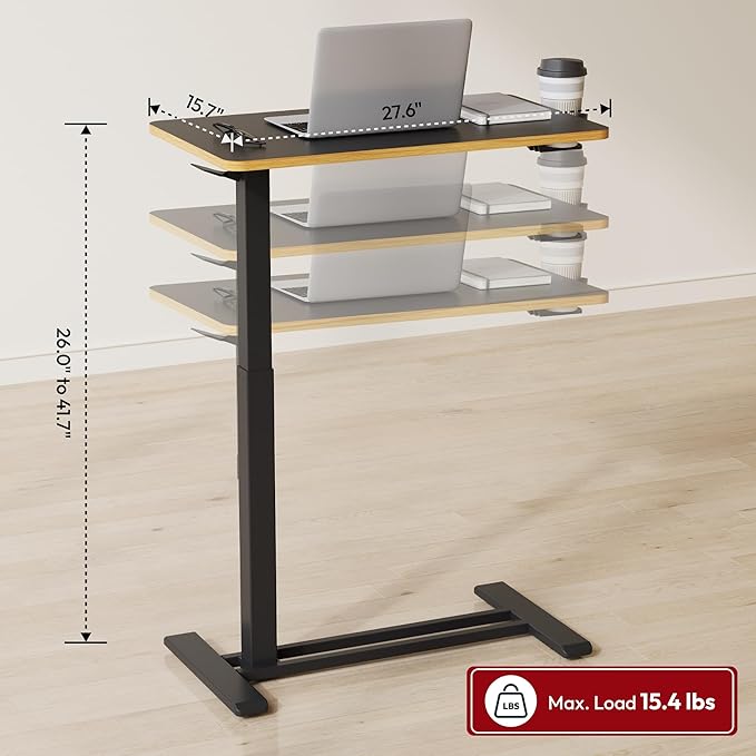 SANODESK Mobile Standing Desk with Hidden WheelsPneumatic Laptop Desk Rolling Computer Cart Movable Height Adjustable Small Sit Stand Desk for Home Office(27.6 W x 15.7 D Black+Maple Band)