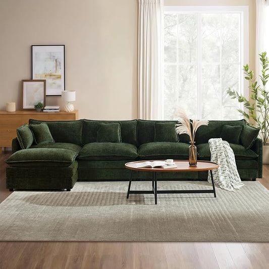149.6 Oversized Modular L-Shaped Sectional Sofa with OttomanChenille 4-Seat Deep Seating Couch for Large Living Room &amp Home TheaterGreen | High-resilience Foam Deep Seat Medium Soft Removabl