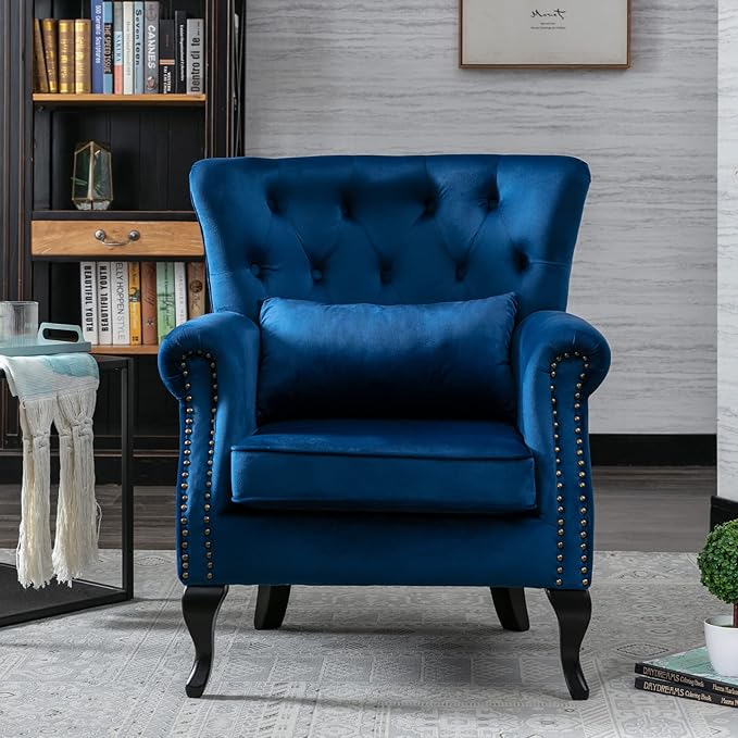 chairus Mid-Century Modern Accent Chair Comfy Tufted Single Sofa Chair Wingback Armchair with Pillow for Club Living Room Bedroom - Velvet Blue