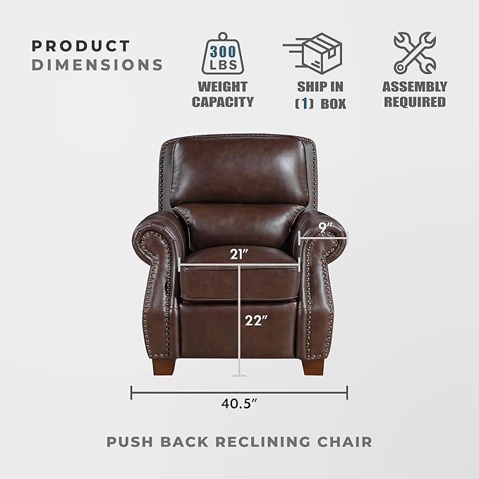 Lexicon Push Back Reclining Chair Top Grain Leather Match Push Back Recliner Chair with Nailhead Trim Rolled Arms Solid Wood Legs for Living Room/Apartment/Office Easy Assembly Brown