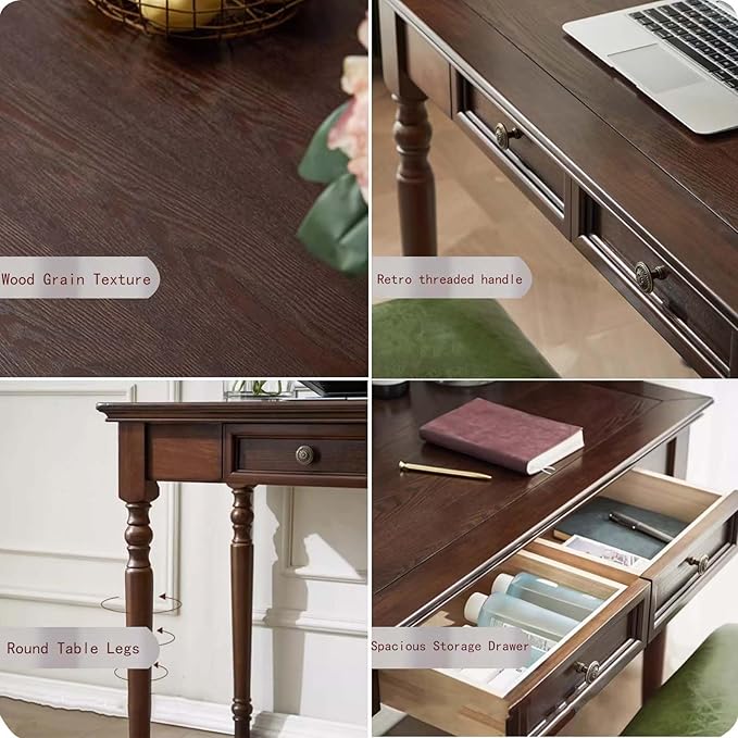 Walnut Writing Desks with Drawers 47 Solid Wood French Country Style Computer Desk for Home Office Living Room Study or Workspace