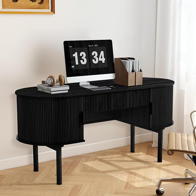 Executive Office Desk with Storage 63 Inch Large Computer Workstation Desk with Drawer and File Cabinets Mid Century Modern Fluted Wood Writing Desk for Home Office Study Room Living Room Black