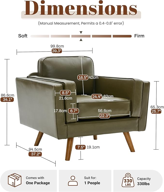 Kingfun Modern Accent Chair Living Room Chairs Faux Leather Reading Armchair Mid Century with Dual-Layer Armrests Solid Wood Frame Easy Assembly for Small Spaces Olive Green