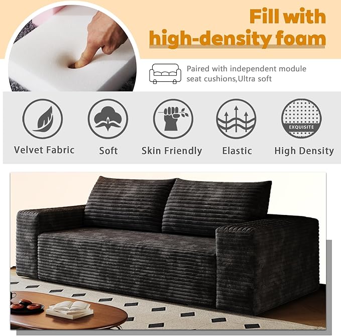 63 Sofa in a Box Compressed Boneless Couch with Wide Armrests &amp 2 Cushions Cloud loveseat Sofa for Living Room Memory Foam Deep Seat Corduroy Fabric No Assembly (Black 2)