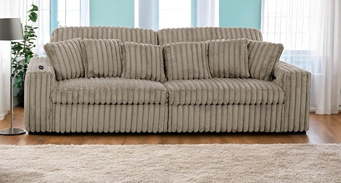 Pemberly Row 113 W Corduroy Fabric Cloud Convertible Sectional Deep Seat Sofa Slider with Power Recliner Glider USB Charging Ports and 6 Cushions in Presley Latte for Living Room
