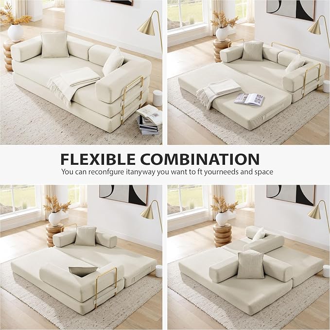 4-in-1 Folding Convertible Sofa Bed 78 Inch Boneless Couch with Fixed-Shape Frame Corduroy Loveseat Sleeper with Pull Out Bed Floor Sofa Modular Futon Couch for Living Room Bedroom Lounge (Beige)