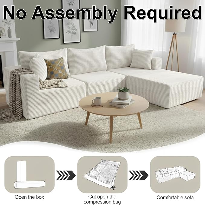 101 Modular Sectional Sofa L Shaped Boneless Couch with Moveable Ottoman Memory Foam Cloud Sectional Couch for Living Room or Apartment (White)