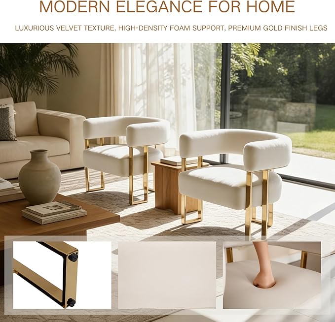 Barrel Accent Chair with Metal Frame Legs Modern Velvet Living Room Chairs Mid Century Upholstered Single Lounge Sofa Armchair for Living Room/Bedroom/Reading Room Beige