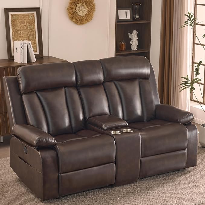 Power Reclining Loveseat with Console 70.9 Faux Leather Loveseat Recliner with Heat &amp Massage Double RV Recliner Sofa with Cup Holders USB &amp Type-C Ports Storage Pocket