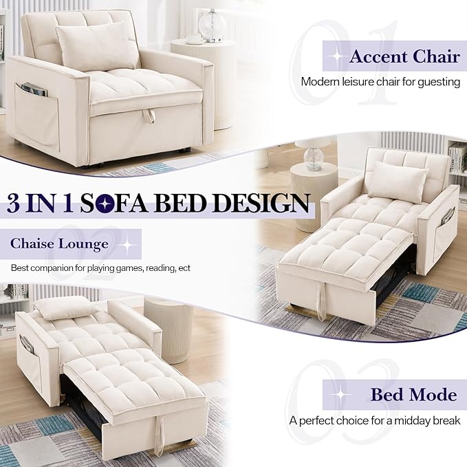Antetek Sleeper Sofa Chair Bed Convertible Velvet Single Pull Out Sofa Chair Modern Tufted Living Room Reading Chair with Adjustable Backrest/Pillow for Small Spaces Apartment Office Beige