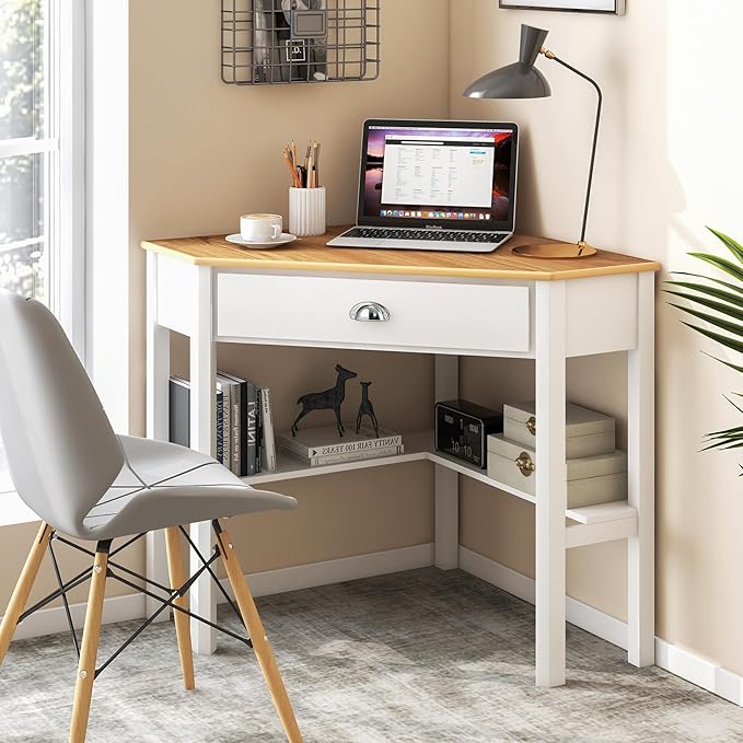 POWERSTONE Corner Desk with Drawer &amp Storage Shelves Small Triangle Writing Table Computer Desk Corner Vanity for Home Office Small Space Natural