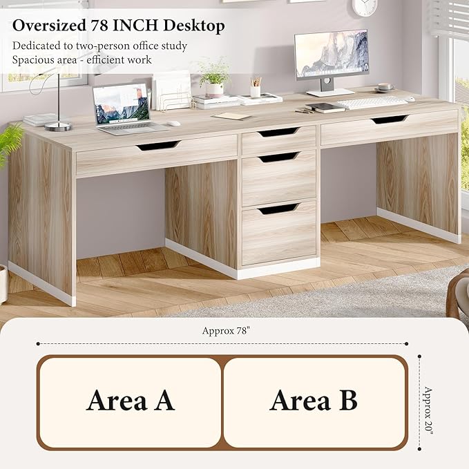 Two Person Desk with 5 Drawers Double Desk with Storage for 2 People 78 Inch Extra Long Computer Desk Workstation with File Drawer for Home Office White and Walnut