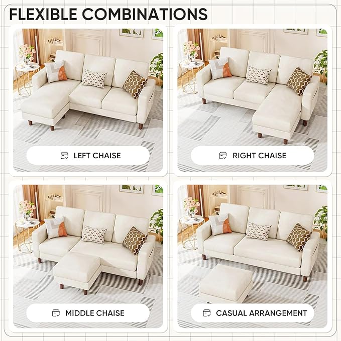 Homall Convertible Sectional Sofa 3 Seat L Shaped Couch with Side Storage Pocket Sofas with Movable Ottoman Small Linen Couches for Living Room &amp Apartment (Linen Fabric White)