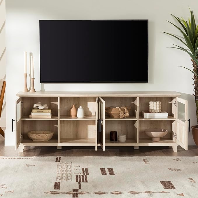 Walker Edison Farmhouse Glass and Wood TV Stand for TV's up to 80 Universal TV Stand for Flat Screen Living Room Storage Cabinets and Shelves Entertainment Center 70 Inch White Oak