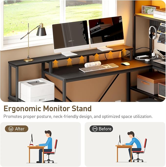 75inch L Shaped Computer Desk with Drawers Large Gaming Desk with LED Light &amp Power Outlets Corner Computer Desk with Storage Shelves &amp Monitor Stand for Home Office Black