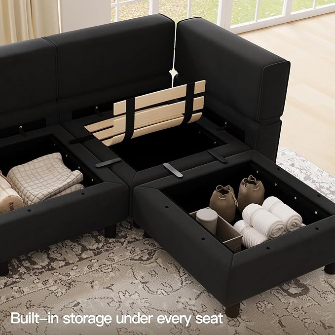 Belffin Modular Sectional Sofa Couch with Reversible Chaise Velvet L Shaped Couch Sofa with Storage 4-seat Convertible Sectional Sofas Black