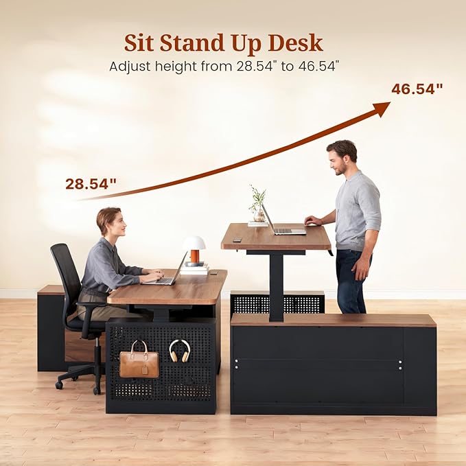 L Shaped Standing Desk Adjustable Height 53 Electric Office Desk with File Drawers &amp Storage Shelves Sit Stand Corner Computer Desk with Power Outlets Pegboard 6 Hooks Black &amp Walnut