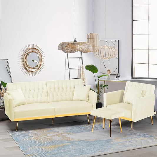 2 Pieces Velvet Sofa Set with Adjustable Armrest and Backrest 70” Convertible Futon Sofa Bed &amp Mordern Accent Chair with Ottoman for Living Room Bedroom Beige