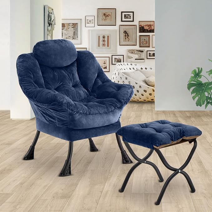 Lazy Chair with Folding OttomanLeisure Sofa ChairSoft Fabric Armchair with Armrests and Side Pockets Reading Chair with Footrest for Living Room Bedroom Office (Plush Navy)