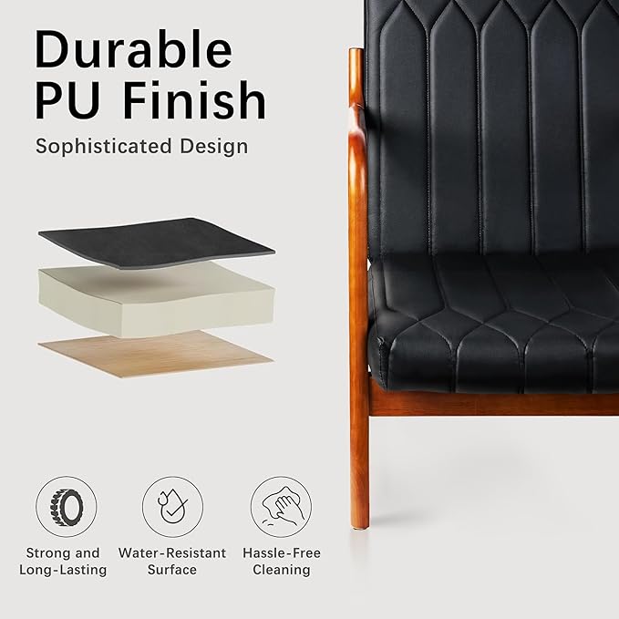 VECELO Mid-Century Modern Accent Chair with Faux Leather Cushion &amp Solid Wood Frame Lounge Armchair for Living Room Bedroom Office Black