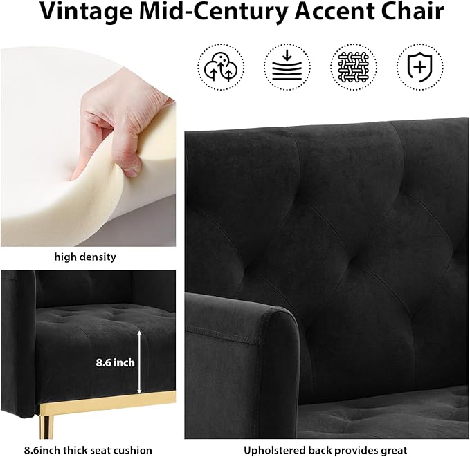 Black Velvet Accent Chairs Set of 2 Comfy Button Tufted Armchair Upholstered Arm Chair Single Sofa Reading Chairs with Arms and Gold Metal Leg for Living Room Bedroom Nursery Office