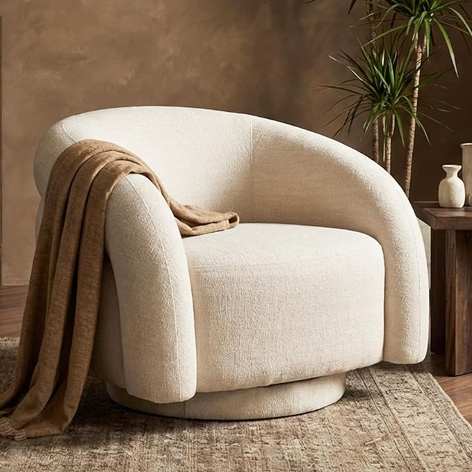 Swivel Barrel Accent Chair Wool Fleece Upholstered Armchair Round Modern Armchair 360° Swivel No Assembly Required Comfy Reading Sofa Seat for Living Room Bedroom and Apartment Off-White.