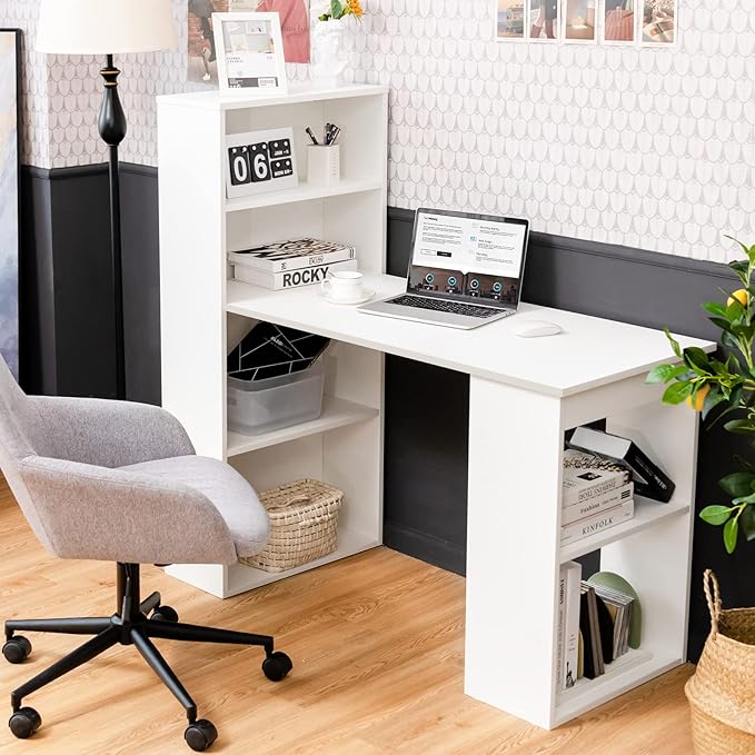 IFANNY White Computer Desk w/Bookshelf Modern Home Office Desk w/Storage Shelves &amp CPU Stand Space-Saving Design Compact Corner Computer Workstation for Small Spaces