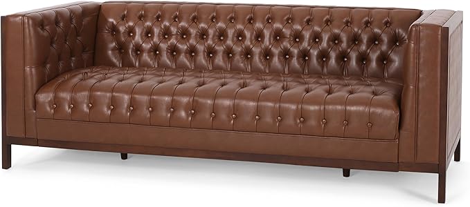 Merax 79 Inch Modern 3-Seater Sofa Button Tufted Upholstered Couch with Tuxedo Arms &amp Rubberwood Frame Low Profile Mid-Century Sofa for Living Room Light Brown