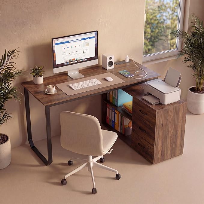 GOFLAME Reversible L Shaped Computer Desk with Charging Station 55” Home Office Desk with 3 Drawers 3-Level Adjustable Shelf Convertible Study Writing Desk for Small Space Rustic Brown
