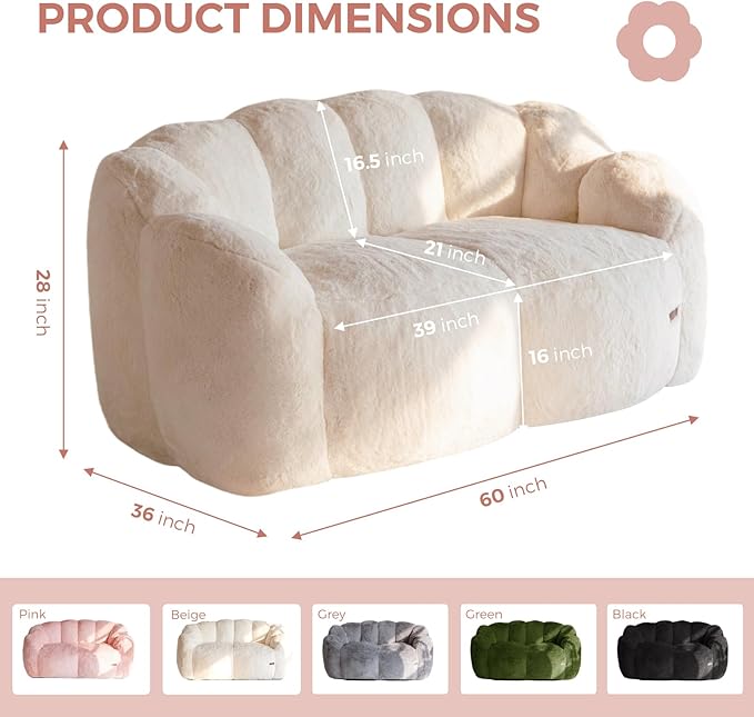 MAXYOYO Bean Bag Chair for Adults Loveseat Floral Shaped Bean Bag Sofa Ultra Soft Love Seat Mini Sofa Couch Faux Fur Reading Chair for Living Room Bedroom Beige