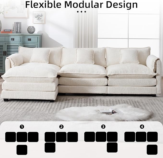 GNIXUU 112 L Shaped Sectional Sofa Cloud Couch for Living Room Oversized Modular Sectional Sofa with Movable Ottoman 4 Seat Chenille Deep Seat Sofa Set with Double Cushion &amp Pillows Beige