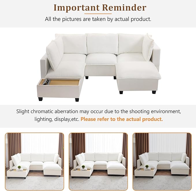 Harper &amp Bright Designs 90 U-Shaped Sectional Sofa Modular Sofa Couch with a Movable Ottoman a Coffee Table with Hidden Charging Devices for Living Room White