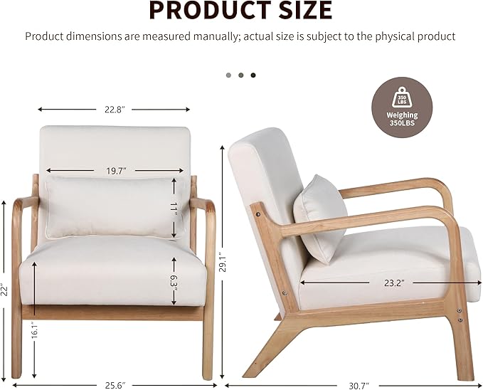 Mid-Century Modern Accent Armchair with Solid Rubberwood Frame Upholstered Lounge Chair with Detachable Lumbar Pillow for Living Room Bedroom &amp Office Upholstered Armchair for Girls Boys.
