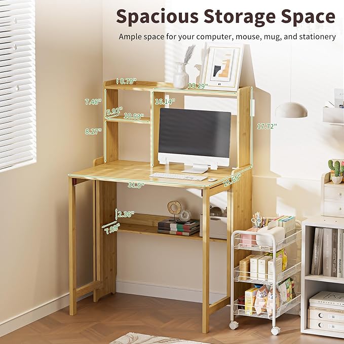 Bamboo Folding Desk for Small Spaces with Storage Mid Century Foldable Desk with Bookshelf Small Desks with Storage for Home Office Bedroom Natural