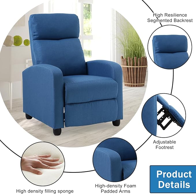 Recliner Chair for Living Room Fabric Sleeper Chairs for Adults Adjustable Comfortable Chair Single Sofa Chair Reading Chair for Bedroom with Footrest (Leather Blue)