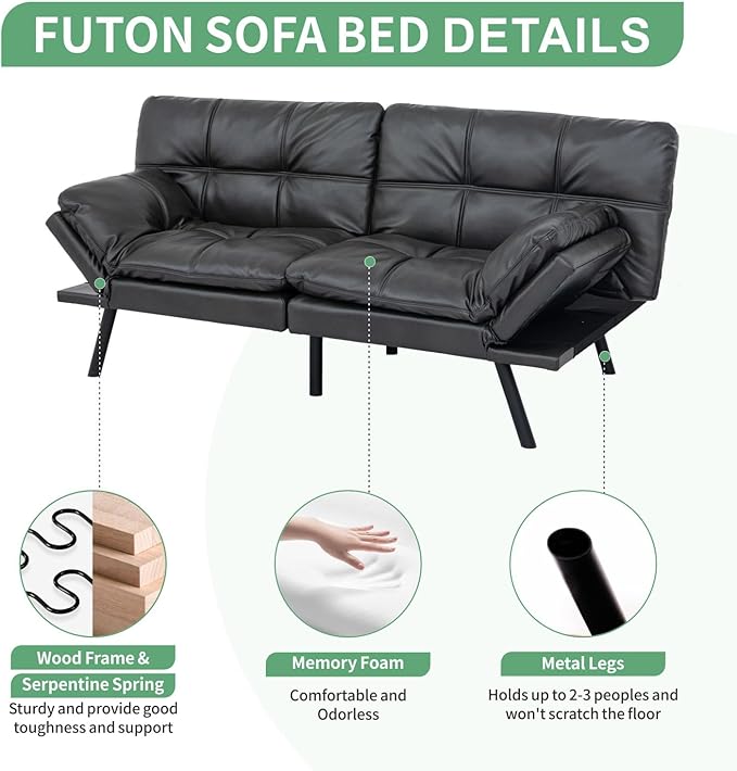 MUUEGM 71 Futon Sofa Bed Convertible Couch Filled with Memory Foam Modern Loveseat with Adjustable Backrest&ampArmrest Sofas for Living RoomGame RoomDormitoryOffice.Matte Black Leather