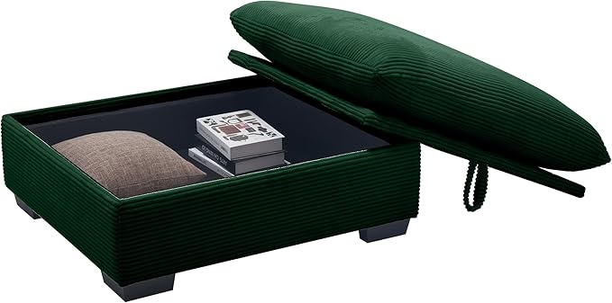 Corduroy Square Storage Ottoman with Removable Cushions 36.6 Inch Corduroy Fabric Cloud Ottoman Footrest for Modular Sofa Living Room Furniture Easy Assembly Green