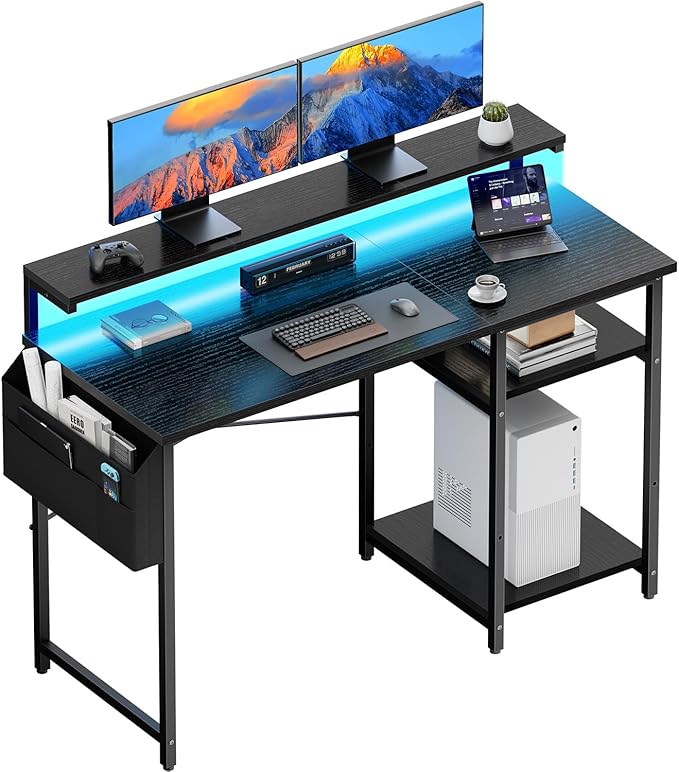 HLDIRECT Computer Desk with LED Lights 47Inch Gaming Desk with Monitor Stand &amp Side Storage Shelves Writing Study Table with Storage Bag for Home Office and Bedroom Black