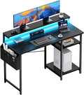 HLDIRECT Computer Desk with LED Lights 47Inch Gaming Desk with Monitor Stand &amp Side Storage Shelves Writing Study Table with Storage Bag for Home Office and Bedroom Black