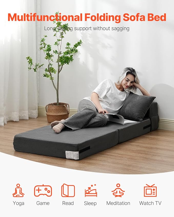 VEVOR Folding Sofa Bed 3-in-1 Foldable Couch Bed with 2 Pillows and Washable Cover 25D High Density Memory Foam Convertible Sleeper Chair Bed Futon Couch for Living Room Bedroom Dark Grey(Single)