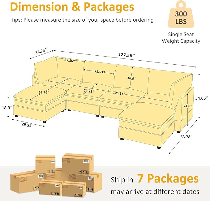 VANOMi U Shape Modular Sectional Sofa Couch for Living Room Oversized Modern Sleeper Cloud Couch with Deep Seat Double-Layer Thick Cushion Ottoman Convertible Upholstered Sofa Set Ivory White