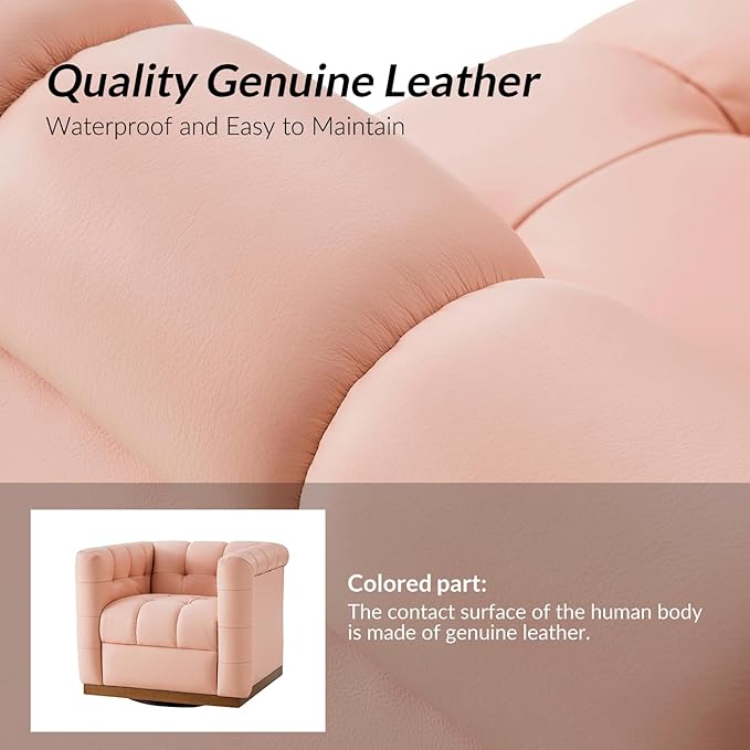 HULALA HOME Genuine Leather Swivel Accent Chair with Wooden Base Mid Century Modern Square Accent Chair for Living Room Bedroom Club Pink
