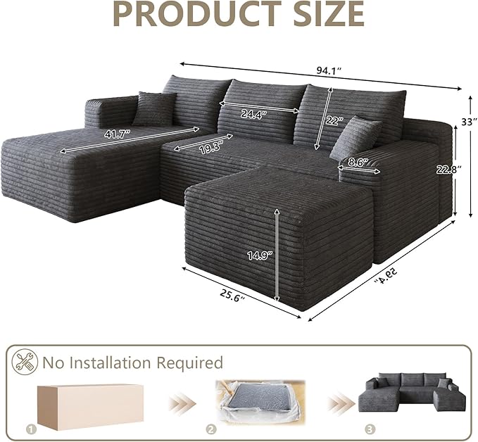 95 Cloud Sectional Couch with U-Shaped Chaise Corduroy Sectional Sofa with Ottoman Boneless Couch with Deep Seat for Living Room No Assembly Required (Dark Grey Left Facing Chaise)