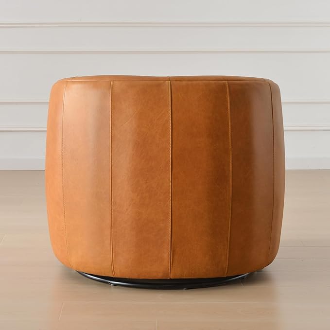 KINWELL 100% Top Grain Genuine Leather Swivel Barrel Armchair No Assembly Modern Upholstered Leather Swivel Accent Chairs with Toss Pillow for Living Room Office Lounge Camel