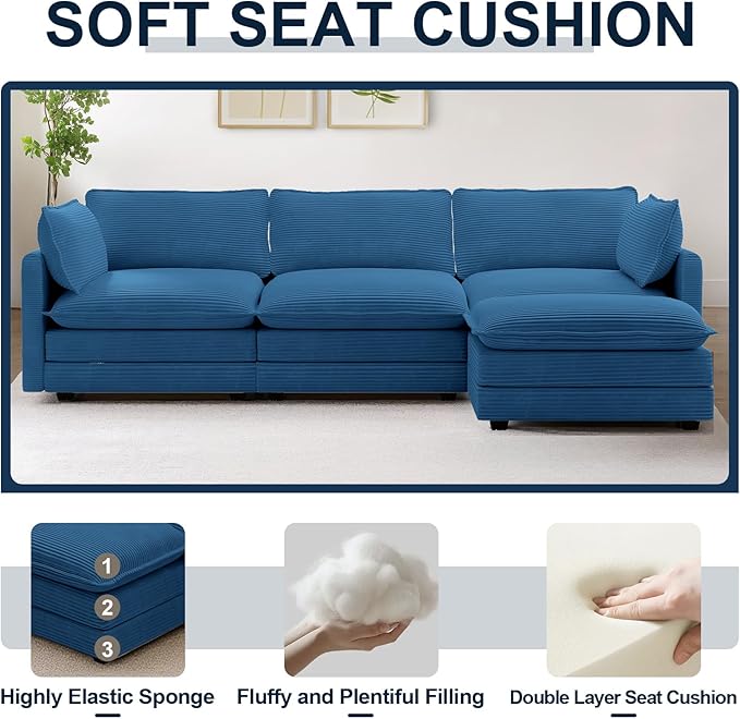 112 L Shaped Couch Modern Modular Sectional Sofa with Movable Ottoman 4-Seater Comfy Cloud Couch with Corduroy Deep Seat and Pillow for Living Room Bedroom and Apartment Blue