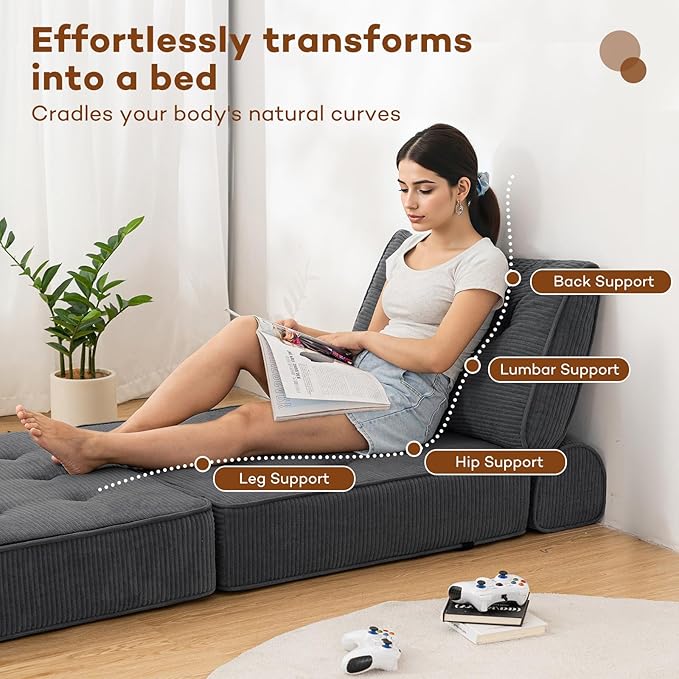 HOMMPA Folding Sofa Bed Convertible Sleeper Chair with Pillow Foldable Mattress with Back Support Portable Fold Out Sleeper Sofa Bed Floor Lounge Sofa for Living Room Home Office Single Size Dark Gray