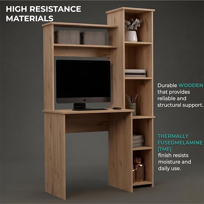 Tuhome Versalles Writing Desk with Two Superior Shelves Five Side Open Storage Compartments Space-Saving Modern Workstation Design for Studios and Offices Ideal for Organization Books